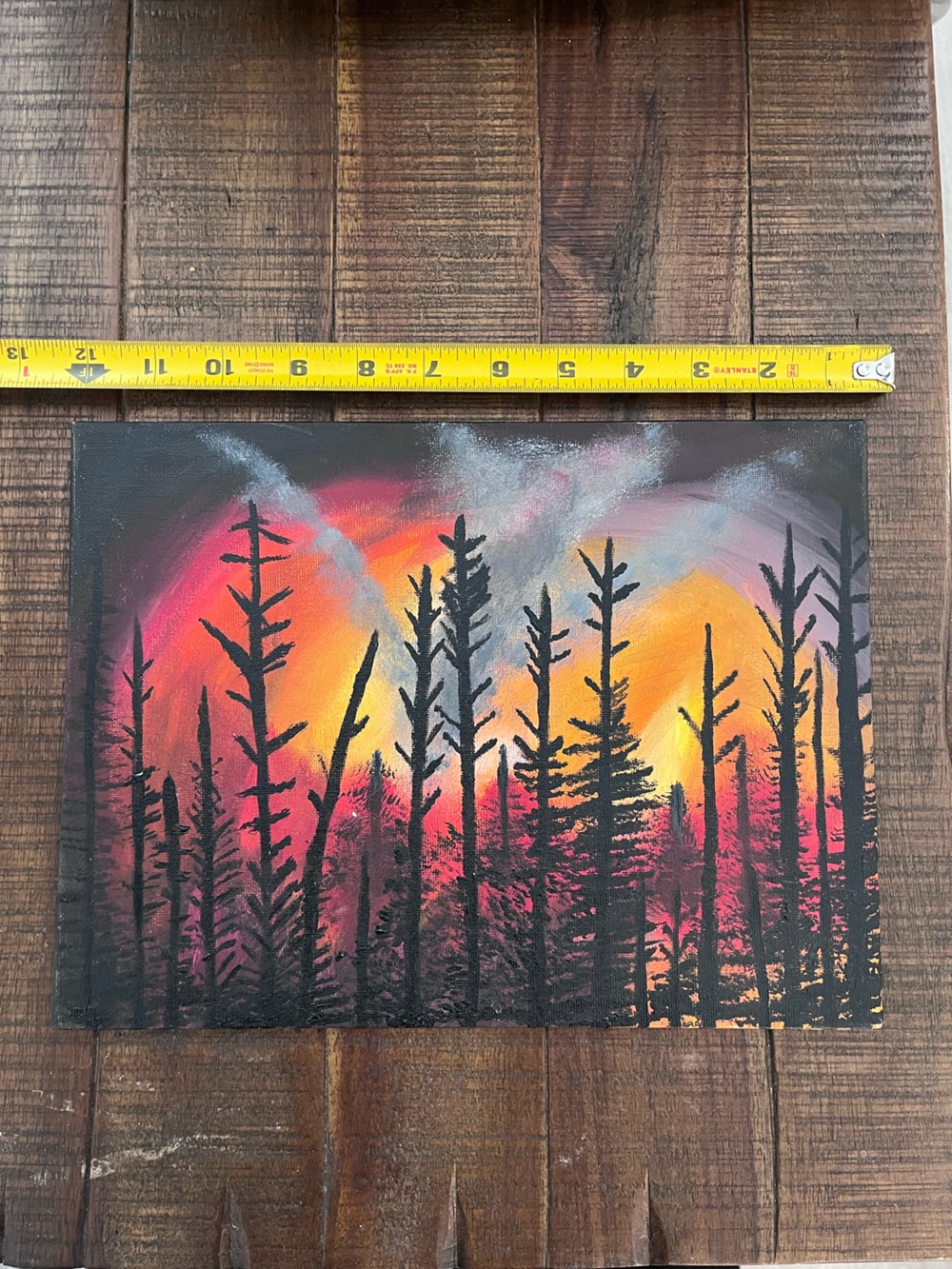 Forest Fire Smoke Canvas Wall Art Vibrant Orange Yellow Woods Acrylic Painting